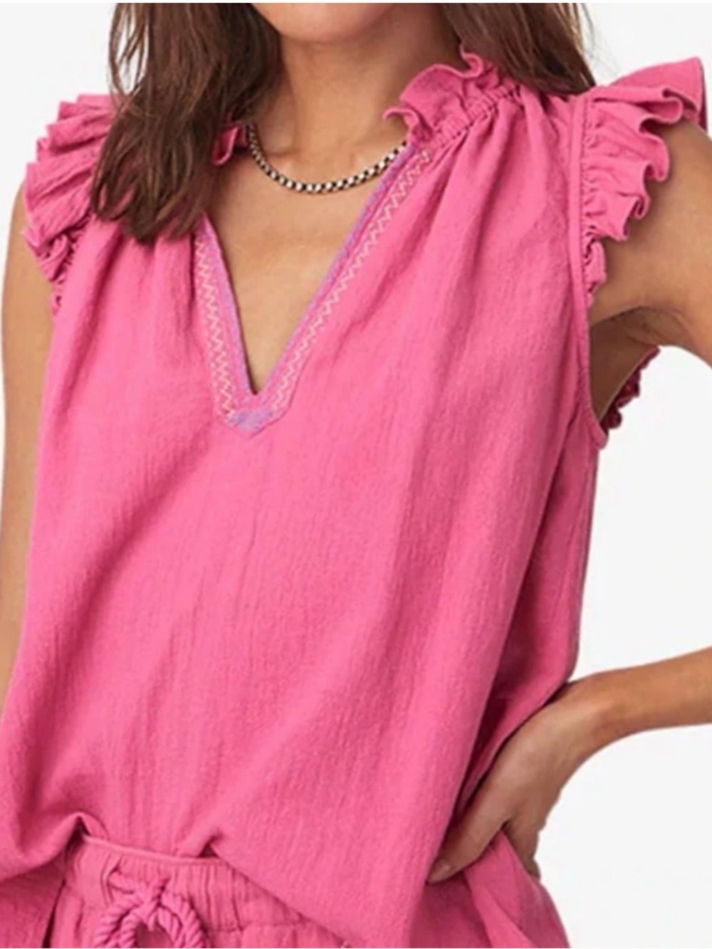 XIRENA Elyza Pink Villa V Neck Flutter Sleeve Cotton Top XL